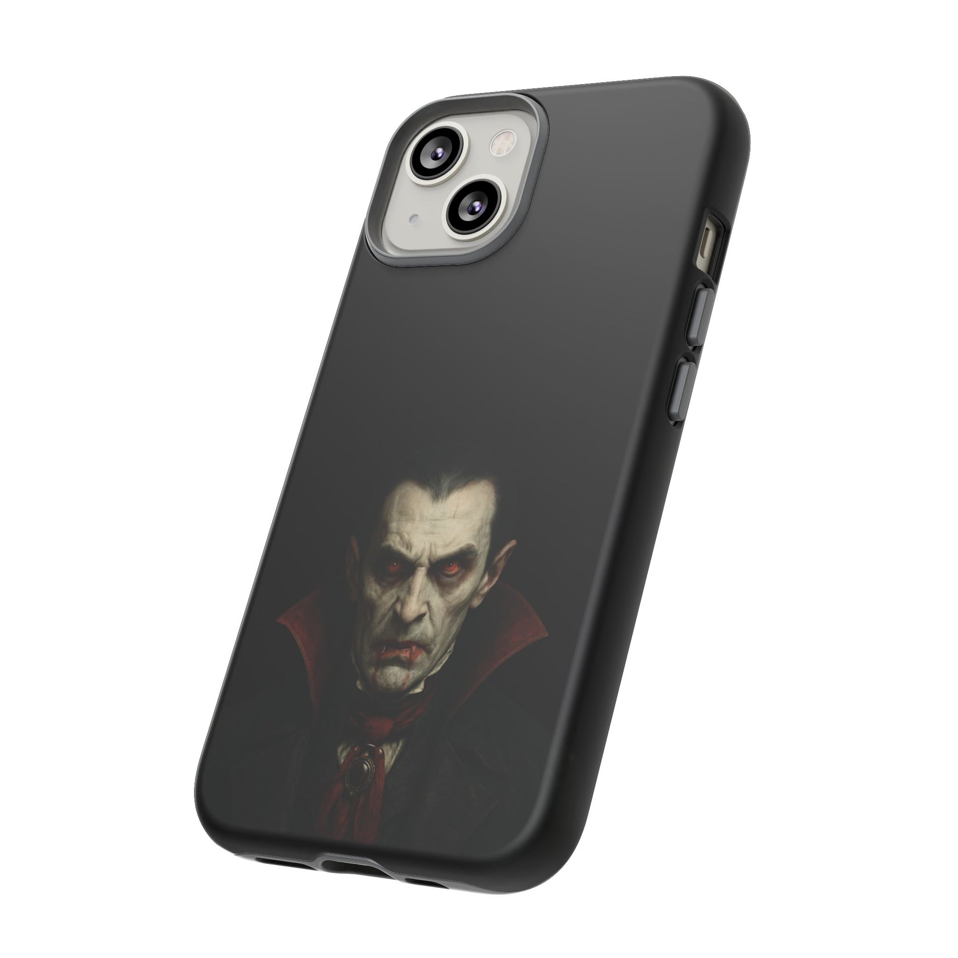 Gothic vampire portrait iPhone phone case featuring Dracula horror design, made by Printify for stylish smartphone protection.