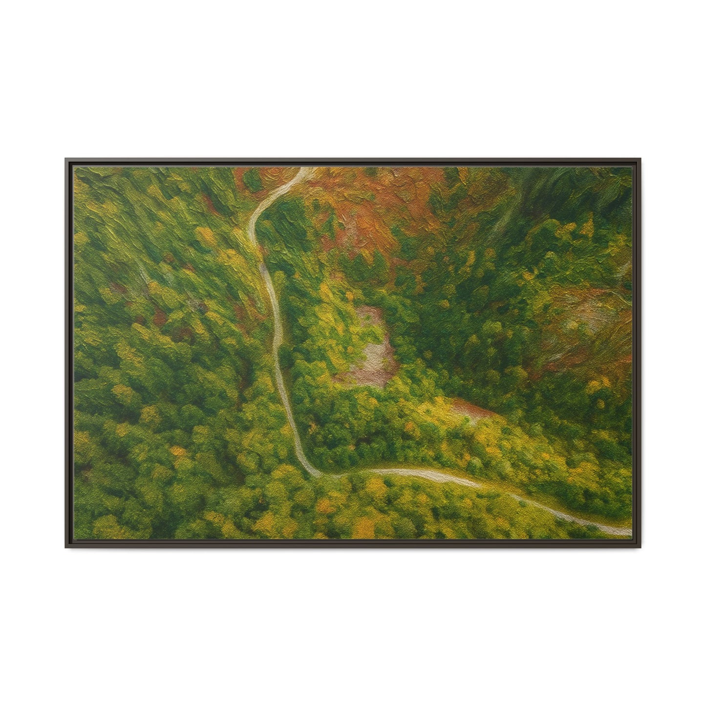 Colorful framed matte canvas wall art featuring an aerial view of a forest path landscape by Printify