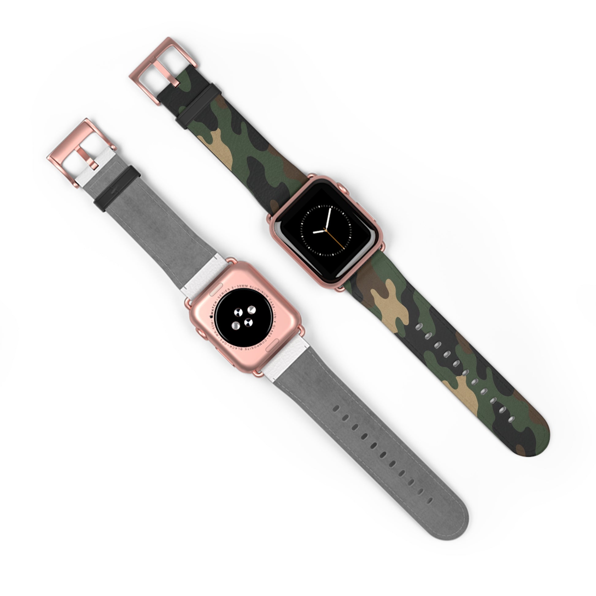 Green camouflage silicone Apple Watch band by Printify, durable accessory with adjustable strap for a sporty, stylish look.