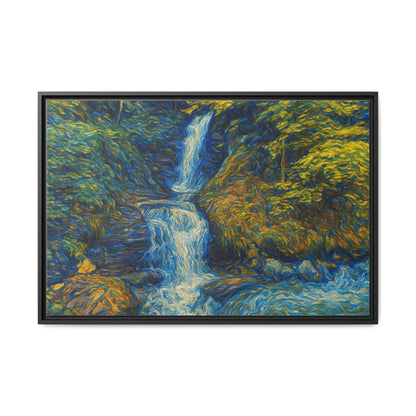 Framed matte canvas print featuring an impressionist waterfall wall art by Printify, showcasing vibrant water and nature scene.