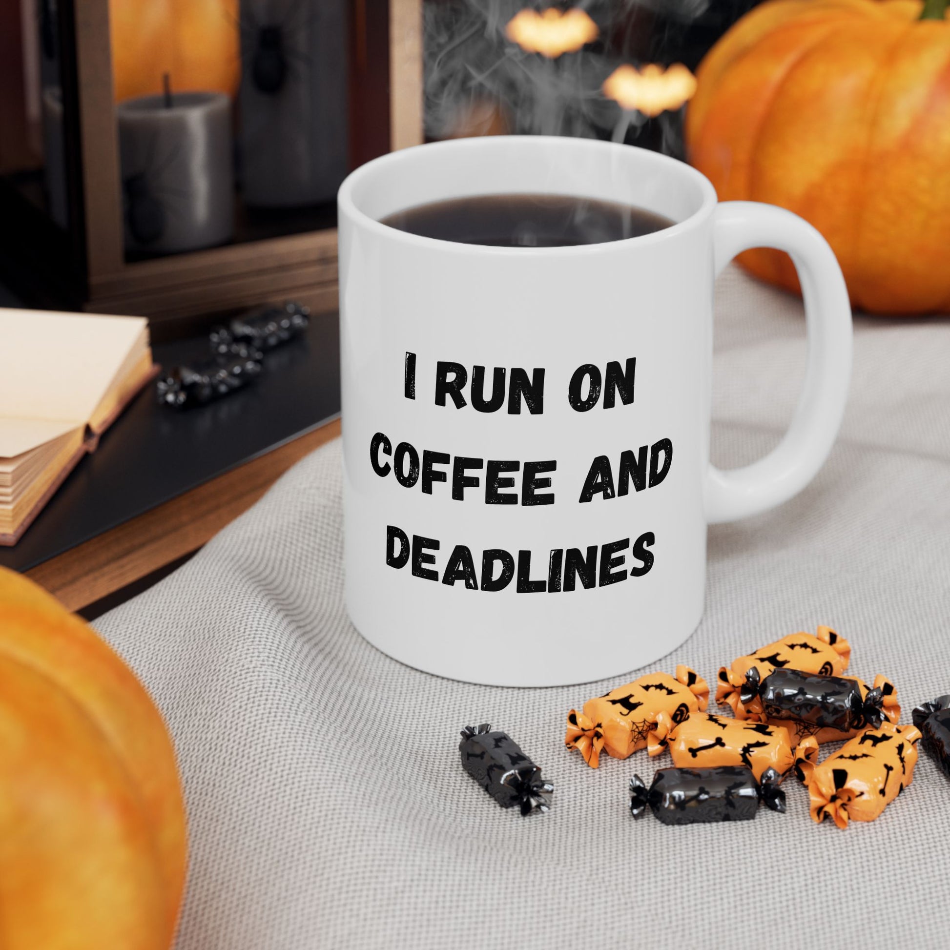 Funny Ceramic Coffee Mug - "I Run on Coffee and Deadlines" - 11oz & 15oz Options - TRV