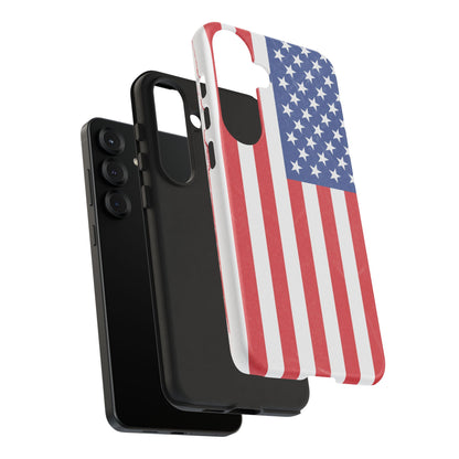 Durable American flag phone case for iPhone with patriotic design, made by Printify, featuring vibrant flag graphics on a protective cover.