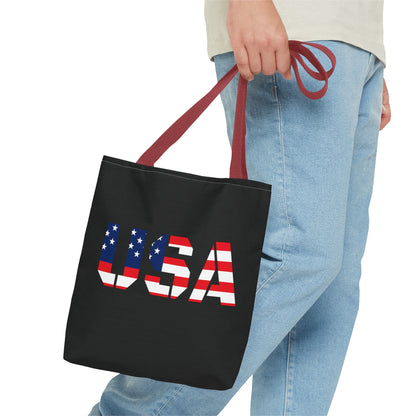 Patriotic USA flag tote bag by Printify, reusable summer carryall with red, white, and blue stars and stripes for 4th of July.