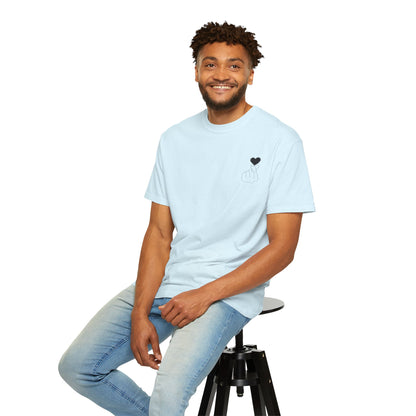 Black T-Shirt with minimal white finger heart graphic, casual Printify men's or women's tee, soft cotton fabric.