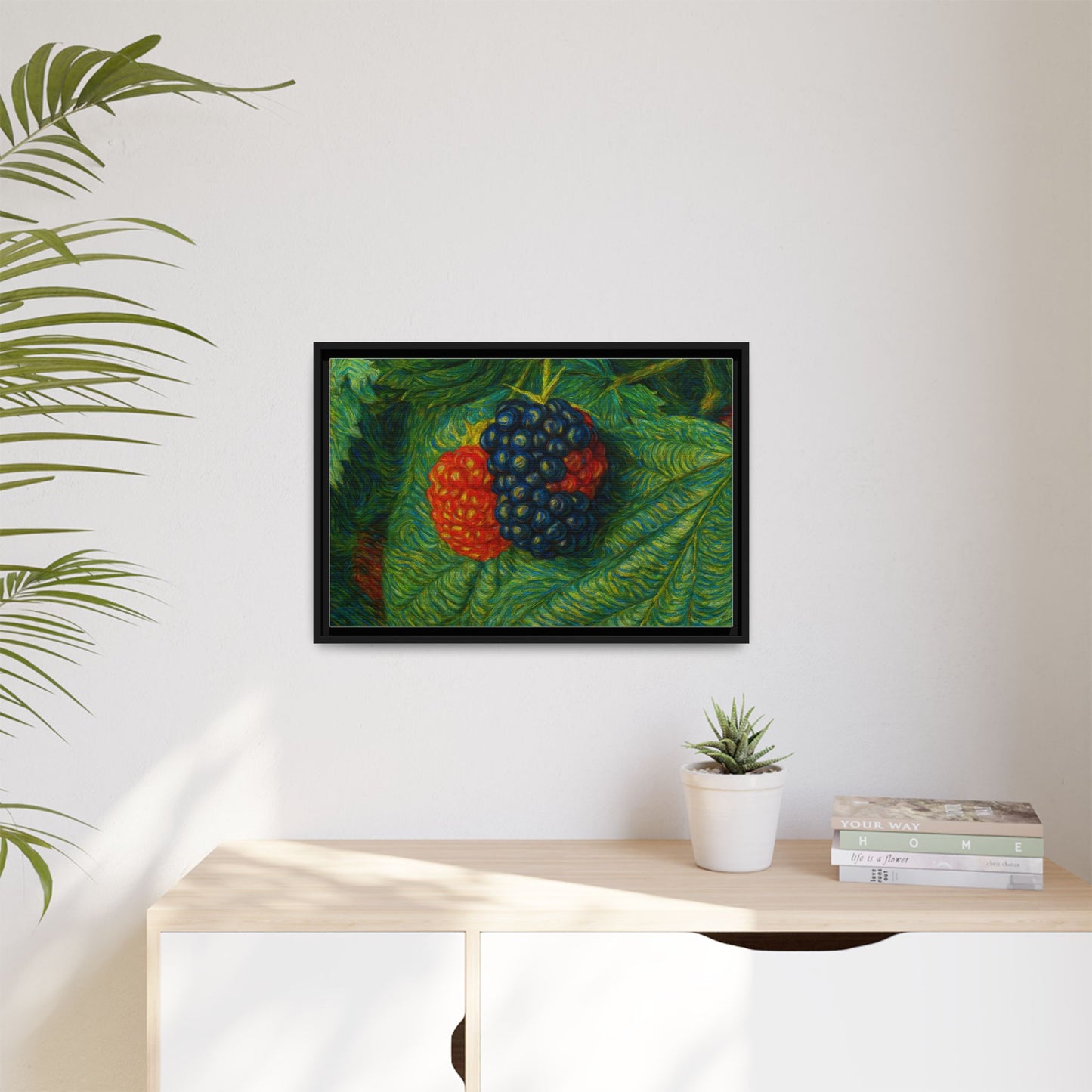 Framed canvas print of a blackberry still life, featuring detailed blackberries and leaves, by Printify.