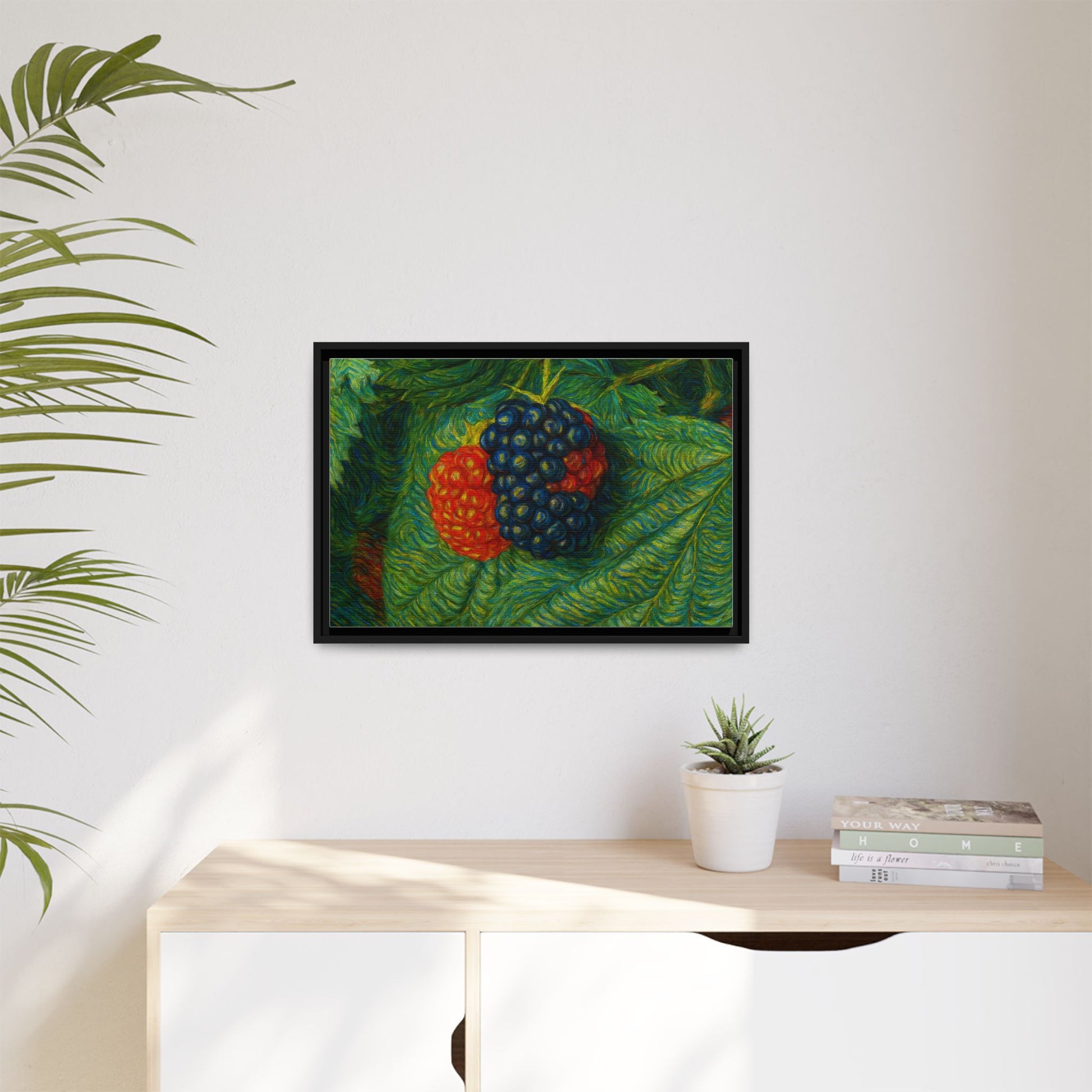 Framed canvas print of a blackberry still life, featuring detailed blackberries and leaves, by Printify.