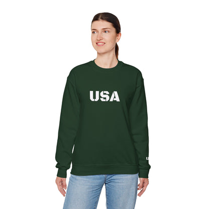 USA crewneck sweatshirt by Printify featuring patriotic design, cozy fit, perfect for all seasons, casual and comfortable apparel.