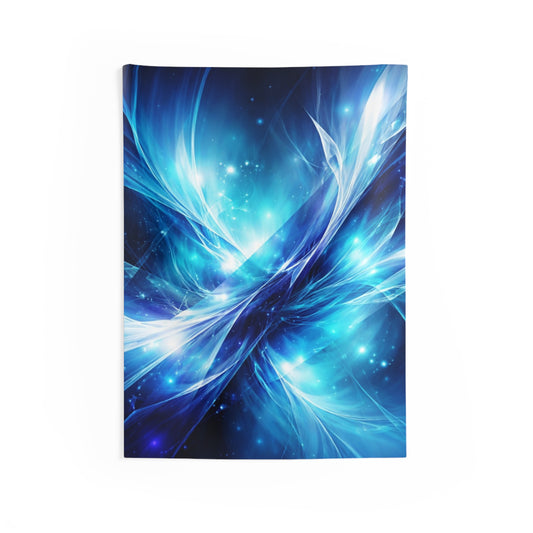 Blue abstract energy wall tapestry with cosmic aurora design, vibrant colors, and intricate patterns for home decor.