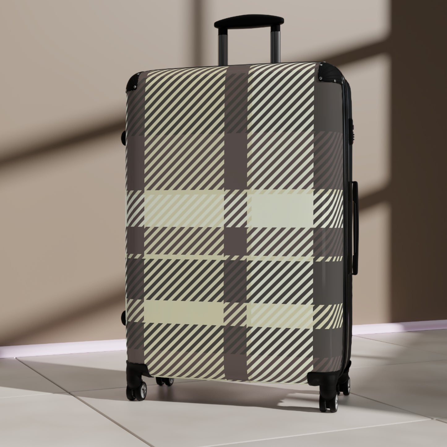 Plaid Carry-On Suitcase — Neutral Beige & Black Travel Luggage