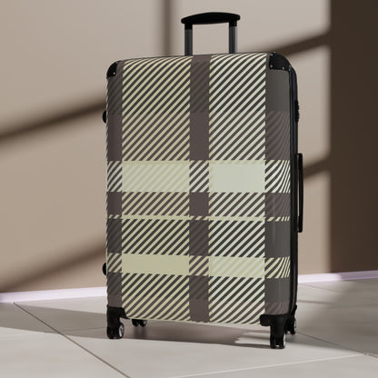 Plaid Carry-On Suitcase — Neutral Beige & Black Travel Luggage
