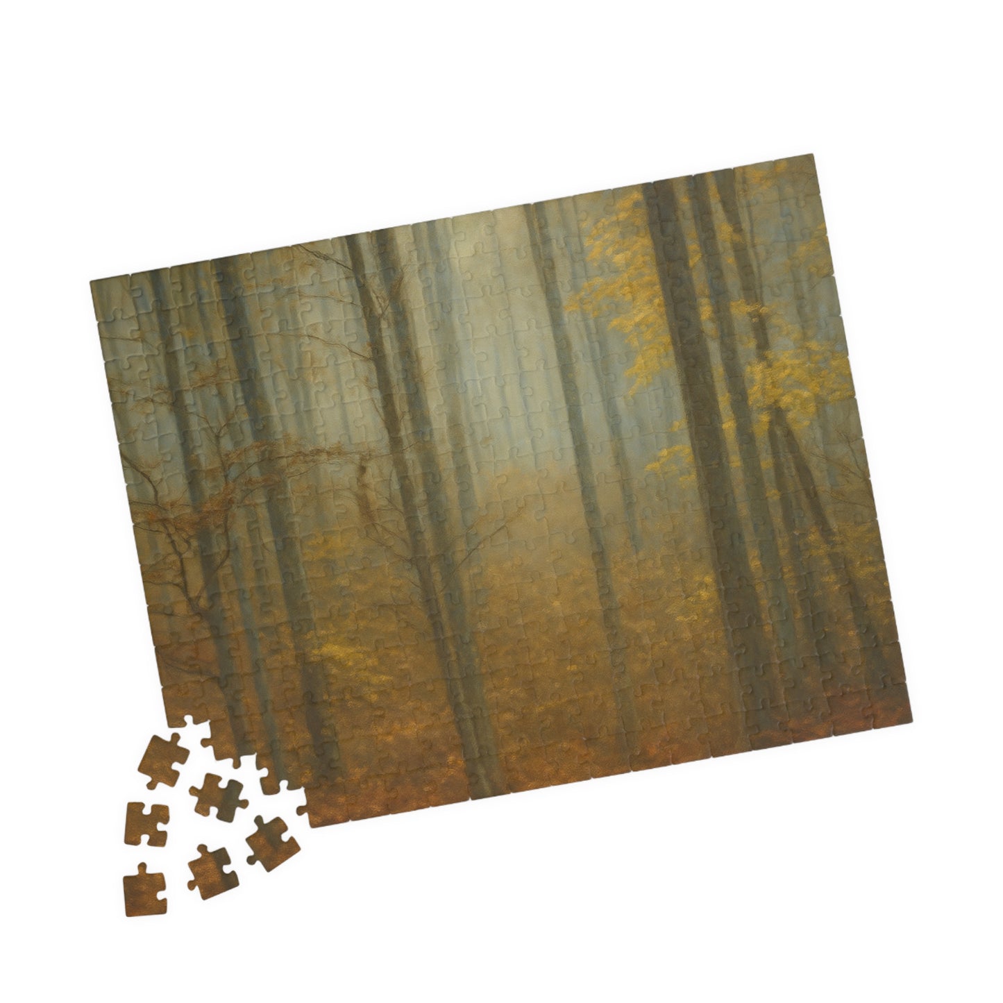 Printify Misty Forest Trees puzzle with 110 and 1014 pieces, featuring a serene forest scene with tall trees and misty atmosphere.