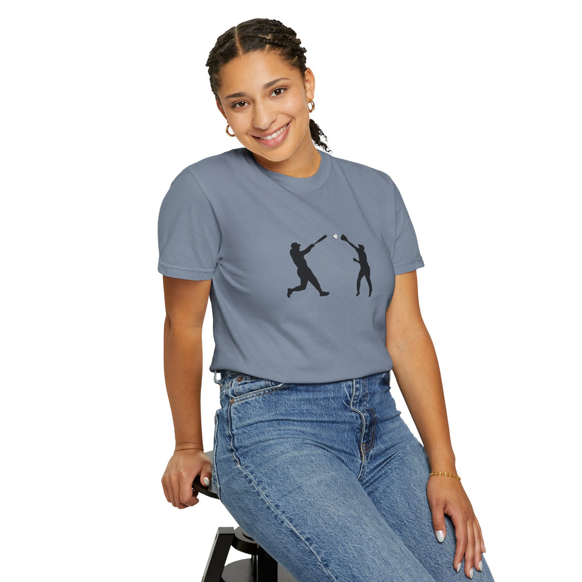 Black baseball silhouette graphic T-shirt by Printify featuring a minimal baseball player design on soft cotton fabric.