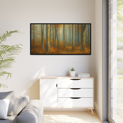 Framed autumn forest canvas print by Printify showcasing a misty woodland scene, ideal for nature-inspired wall art decor.