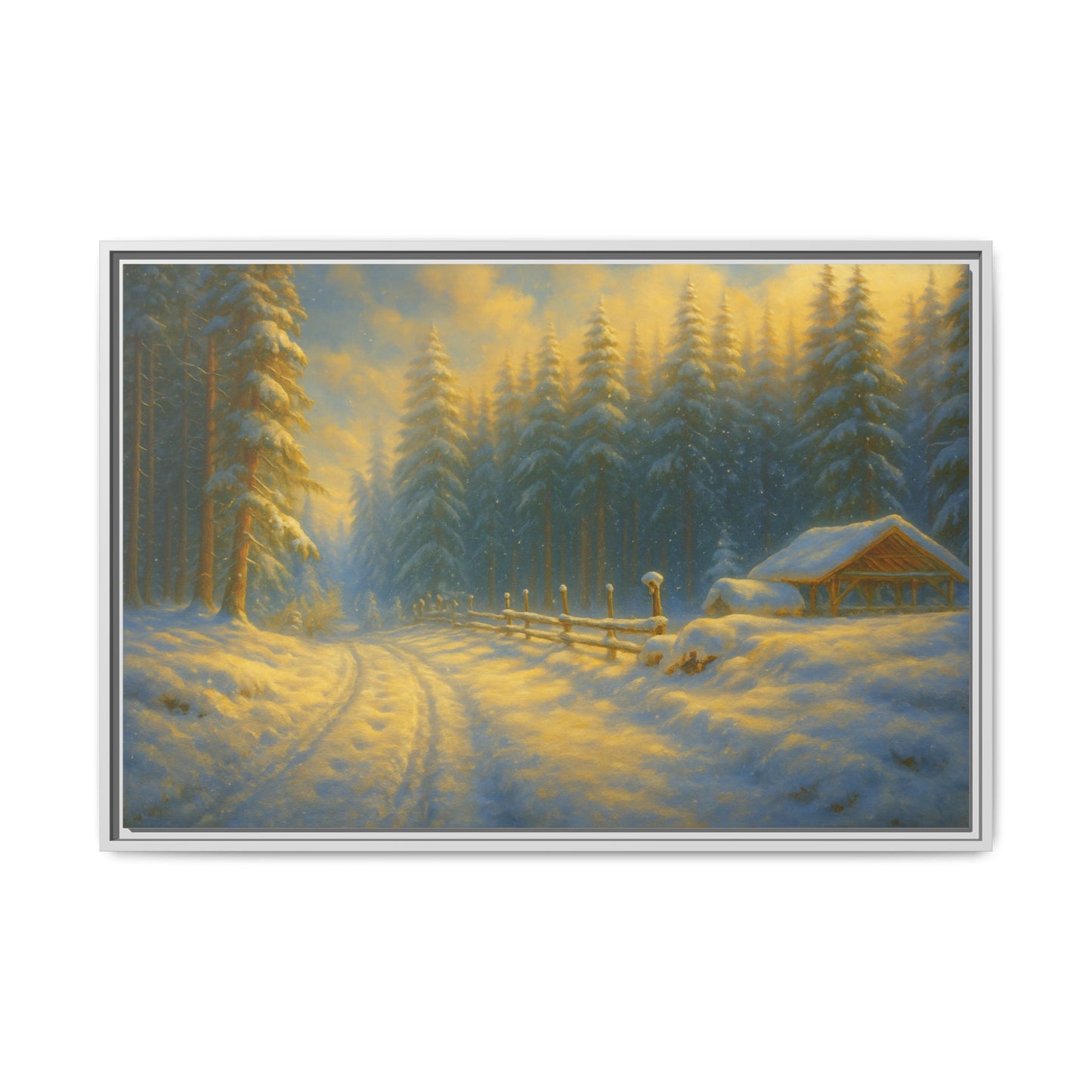 Framed canvas print of a snowy forest sunset, featuring a winter cabin scene, designed by Printify for wall decor.