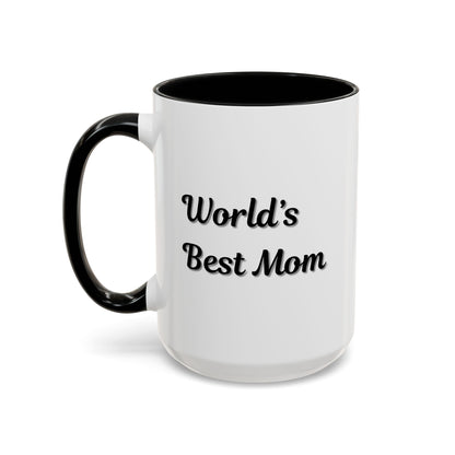 Black-trim ceramic mug with "World's Best Mom" message, ideal for Mother's Day, by Printify.