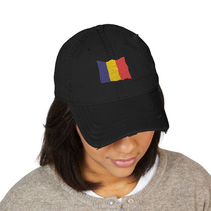 Distressed embroidered dad hat with Romanian flag patch, casual accessory, lightweight hat from Printify with adjustable strap.