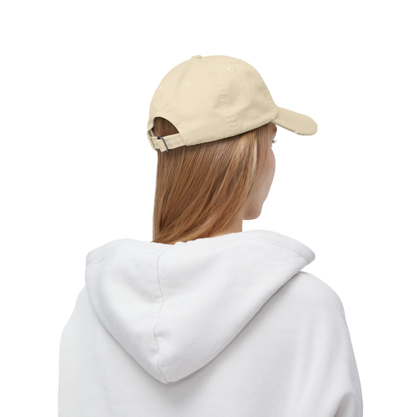 Distressed baseball cap with silhouette batter design, casual men's hat by Printify featuring a vintage, worn look.
