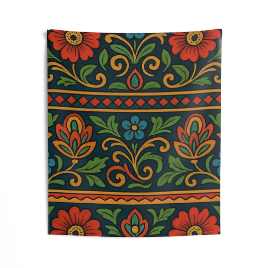 Vibrant folk floral indoor wall tapestry with boho flower pattern, crafted by Printify, displayed hanging on a wall.
