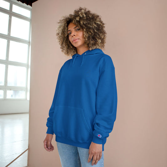 White Champion hoodie with Korean finger heart graphic, minimal pullover style, printed by Printify.