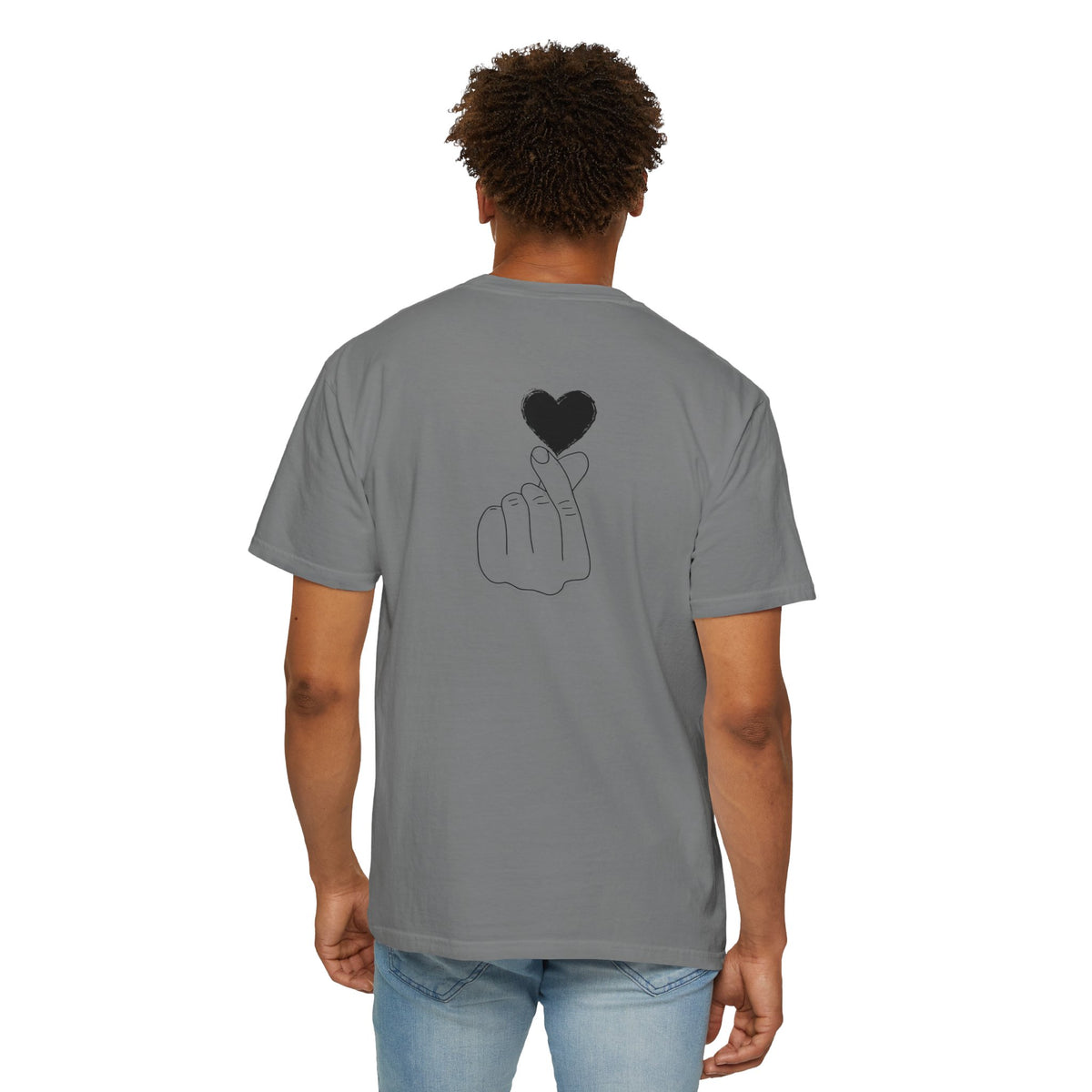 Black T-shirt with a minimal white finger heart graphic, casual style, by Printify.
