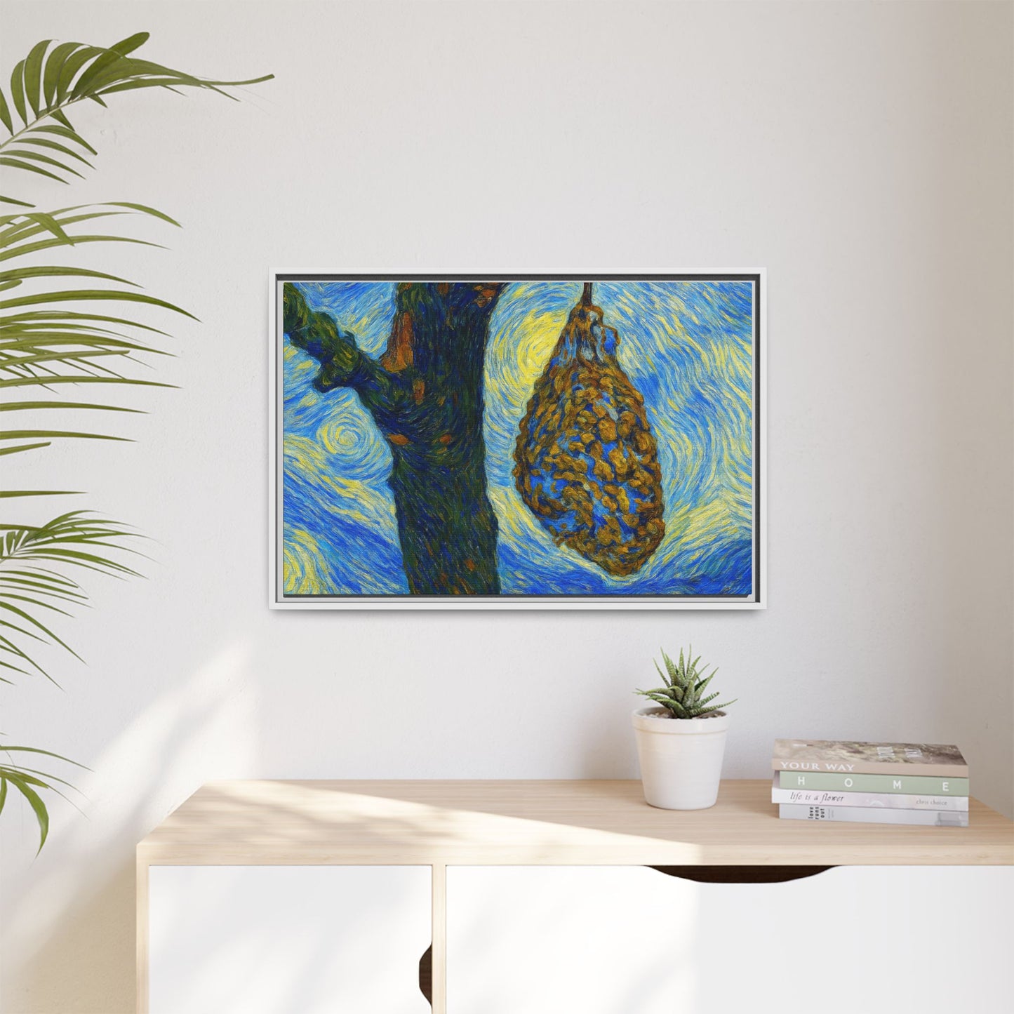 Framed matte canvas art of a starry nut cluster with dried plum in a tree, by Printify, showcasing detailed botanical imagery.