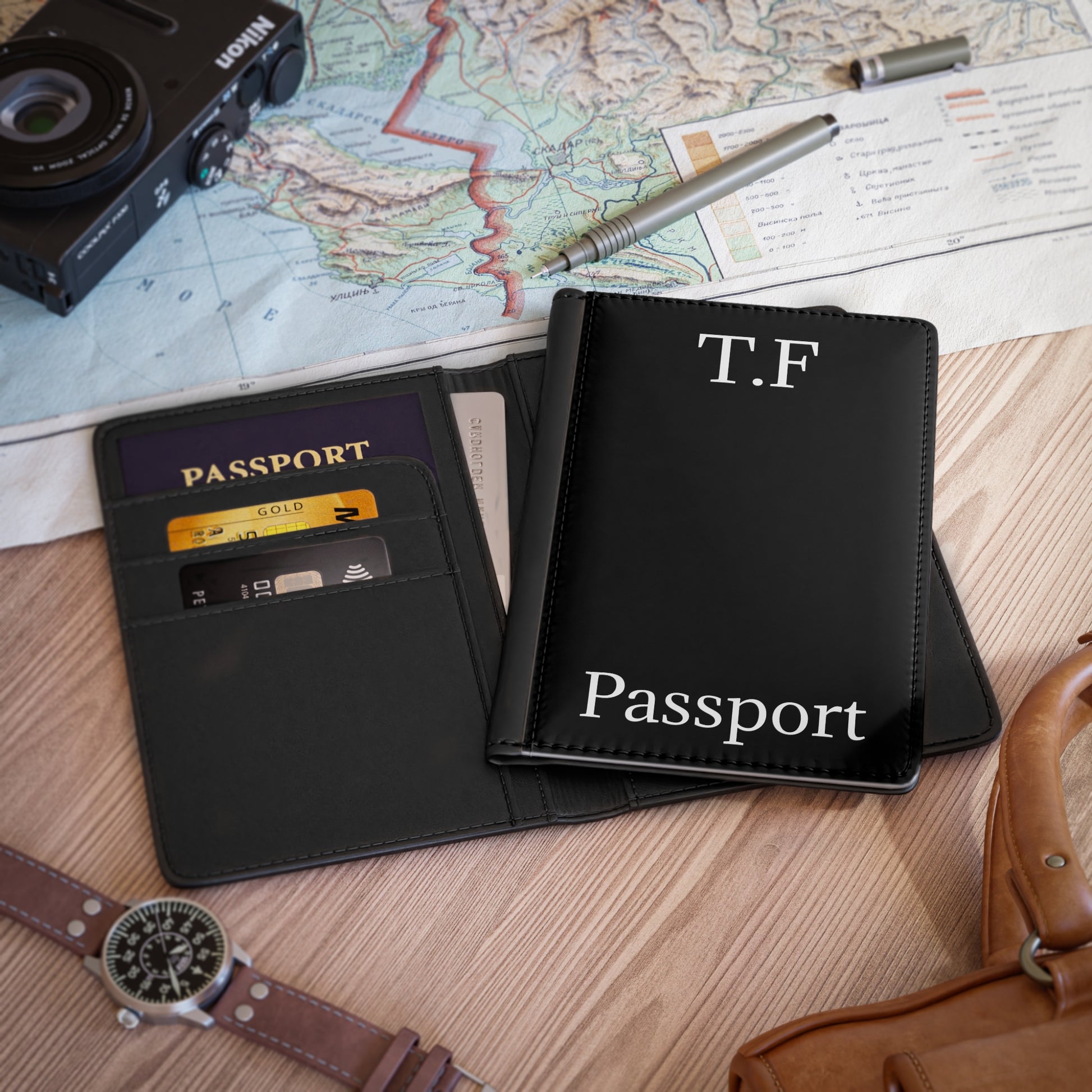 Leather travel passport cover with monogram initials, stylish Printify accessories for secure and elegant passport protection.