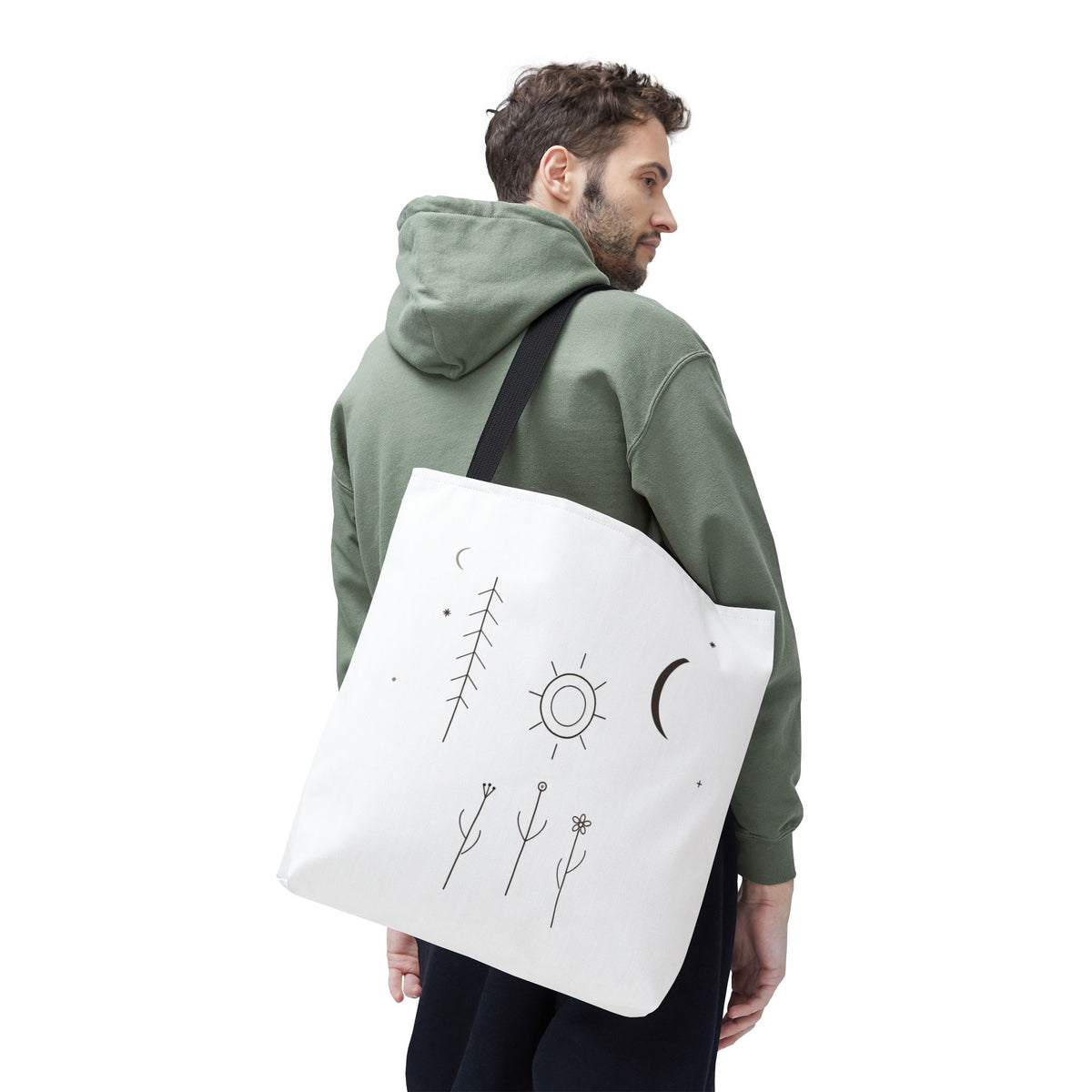 Minimal Moon and Sun botanical tote bag featuring celestial line art design, made by Printify.