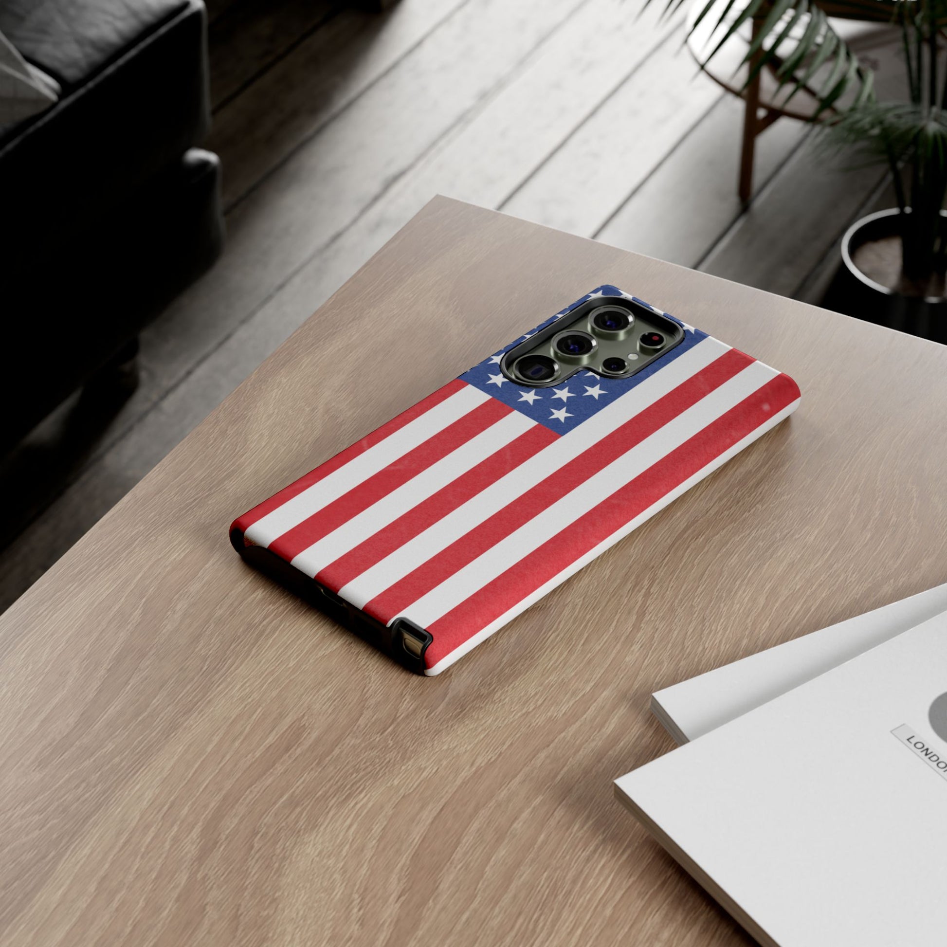 American flag tough phone case for iPhone and Samsung, patriotic protective cover with bold flag design by Printify