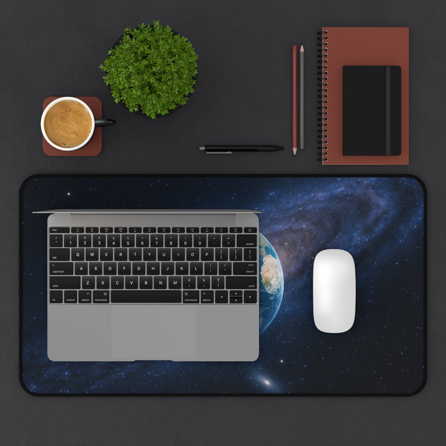Earth in Galaxy desk mat featuring a space planet design, ideal for mousepads and desk accessories, by Printify.