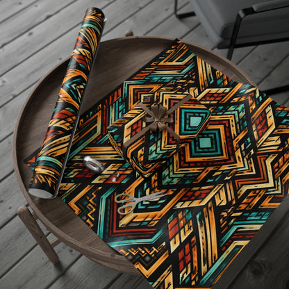 Geometric Boho Wrapping Paper Roll — Teal & Burnt Orange Tribal Pattern