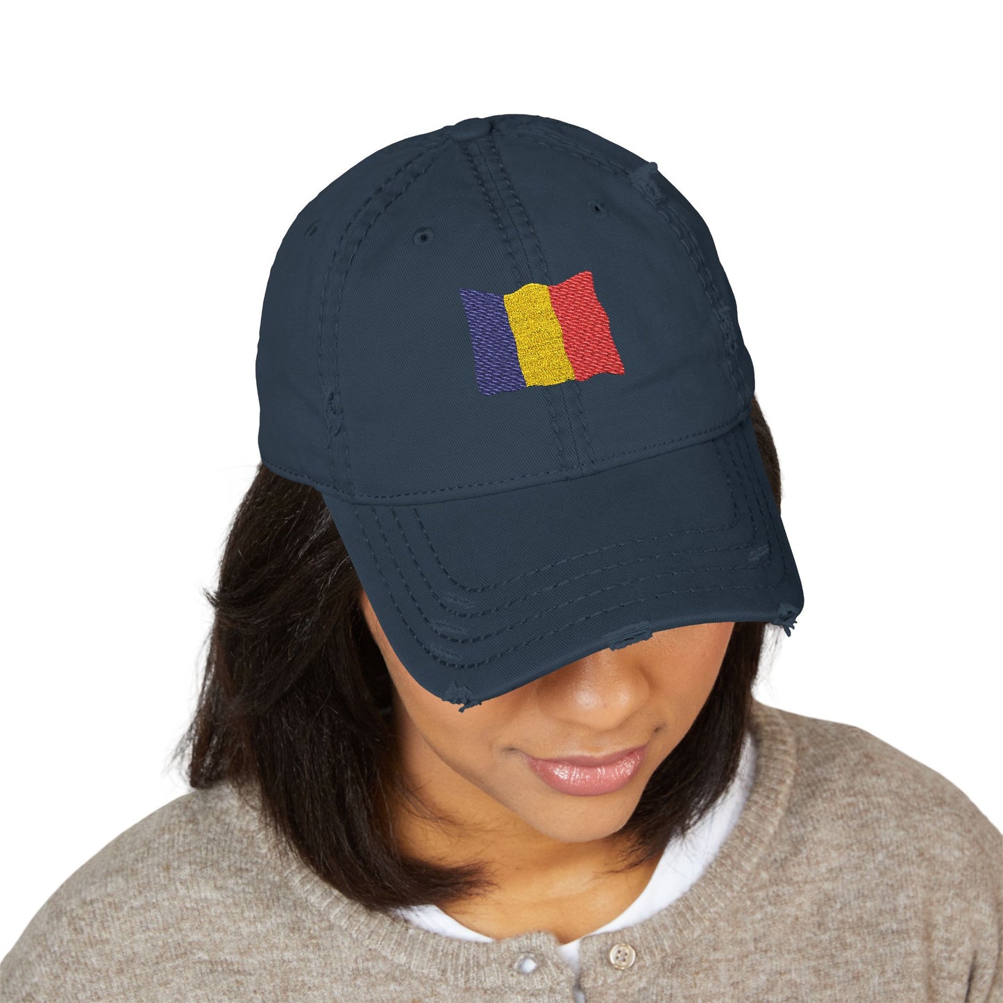 Distressed embroidered dad hat with Romanian flag patch, casual style, adjustable strap, and vintage look by Printify.