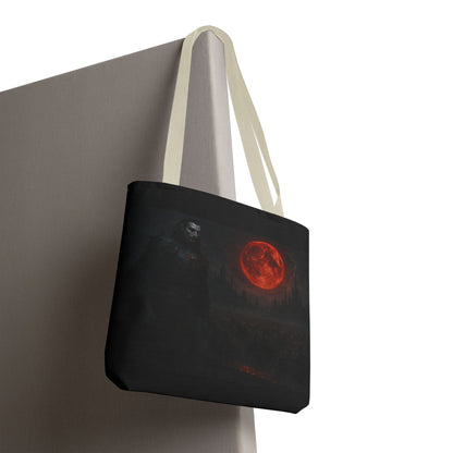 Gothic Dracula tote bag with moonlit vampire art, perfect Halloween gift, by Printify, featuring a spooky vampire design on durable fabric.