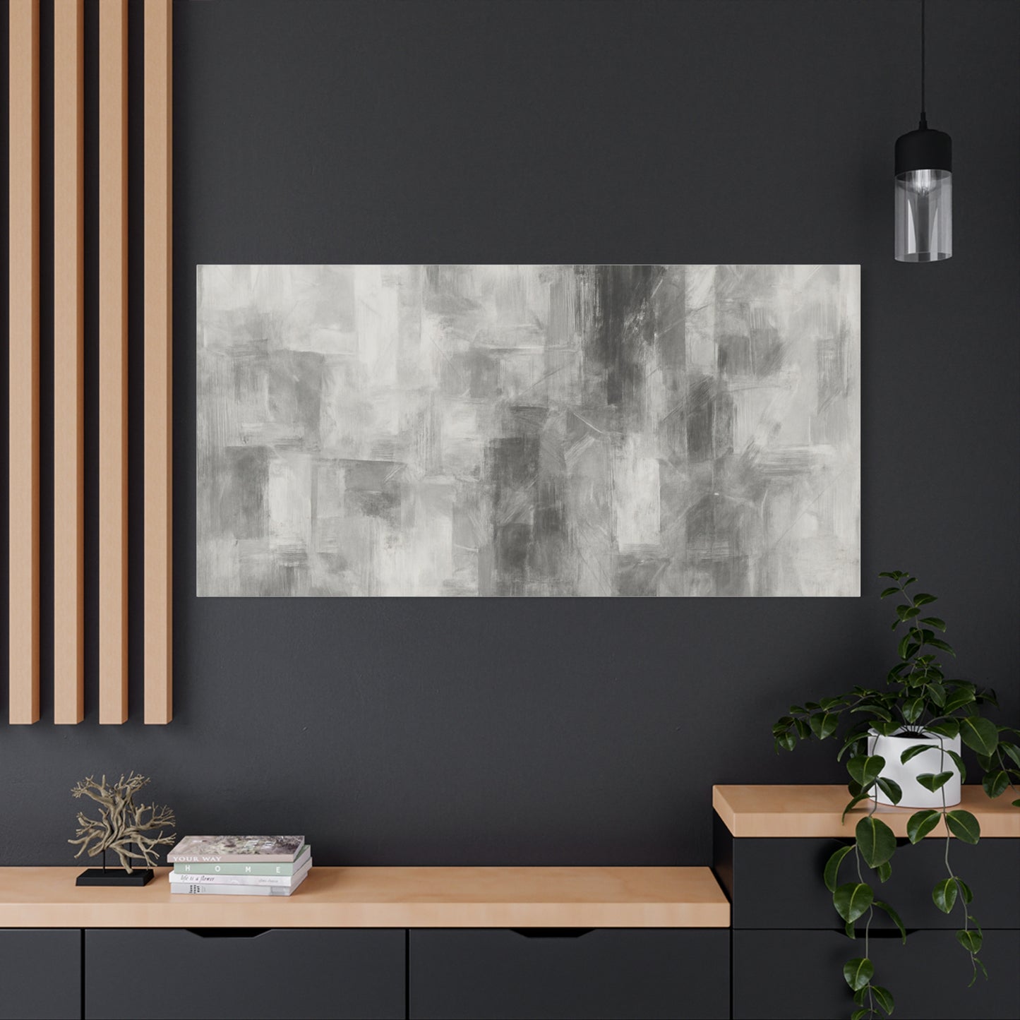 Abstract grey brushstroke canvas wall art by Printify, neutral modern matte stretched canvas for contemporary home decor.