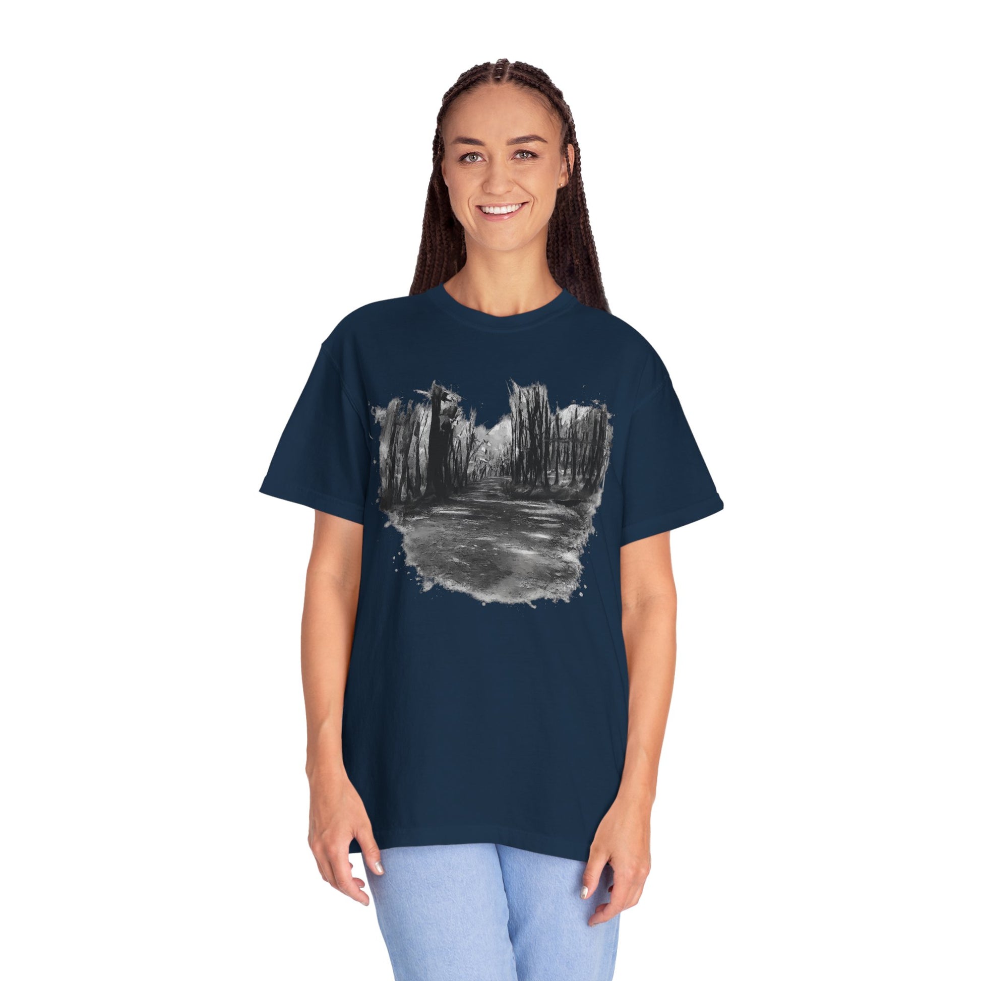 Artistic Forest Scene T-shirt | Nature Lover Gift, Outdoor Adventure Tee, Eco-Friendly Fashion, Vintage Inspired Clothing, Unisex Gift - TRV