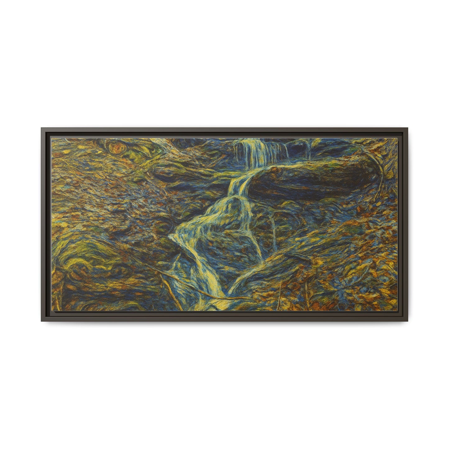 Framed matte canvas wall art of an autumn forest with a waterfall, featuring vibrant fall colors and natural scenery.