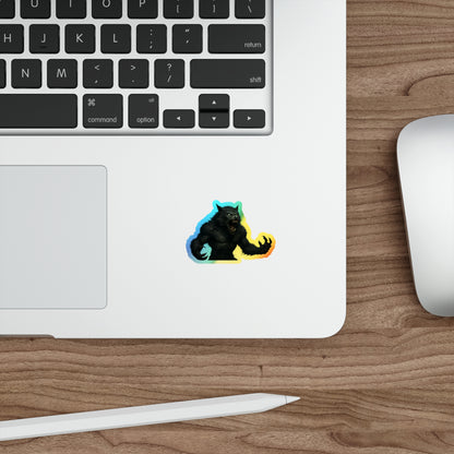 Rainbow holographic werewolf die-cut sticker with moonlight design on shiny paper, perfect for decorating notebooks or laptops.