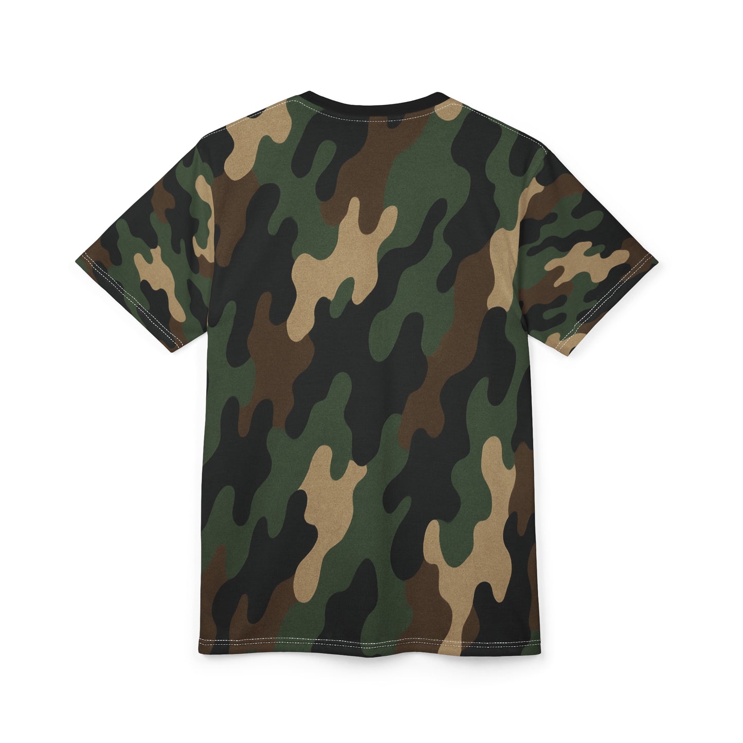 Printify woodland camouflage all-over print tee featuring classic woodland camouflage pattern on a casual shirt.