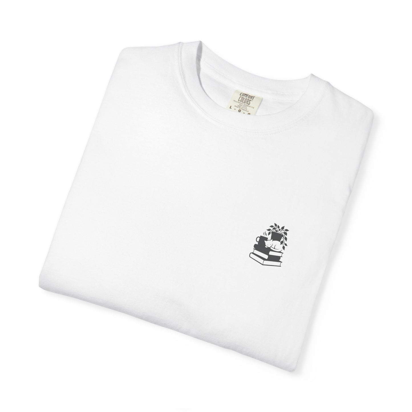 Cozy Cat on Books T-Shirt | Reading Tea Stack Illustration