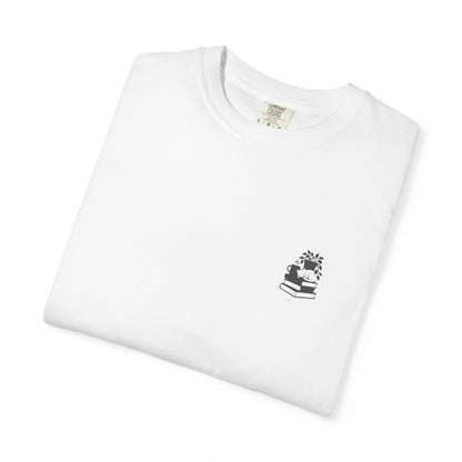 Cozy Cat on Books T-Shirt | Reading Tea Stack Illustration