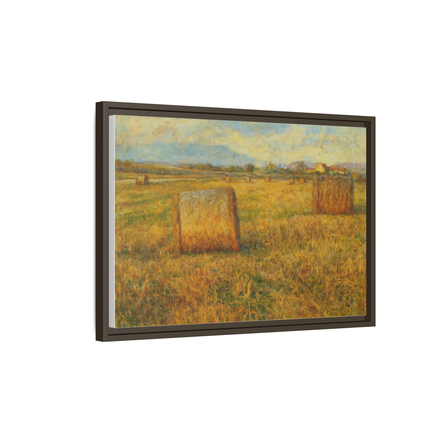 Rustic hayfield landscape framed matte canvas wall art by Printify, showcasing a serene rural field scene.