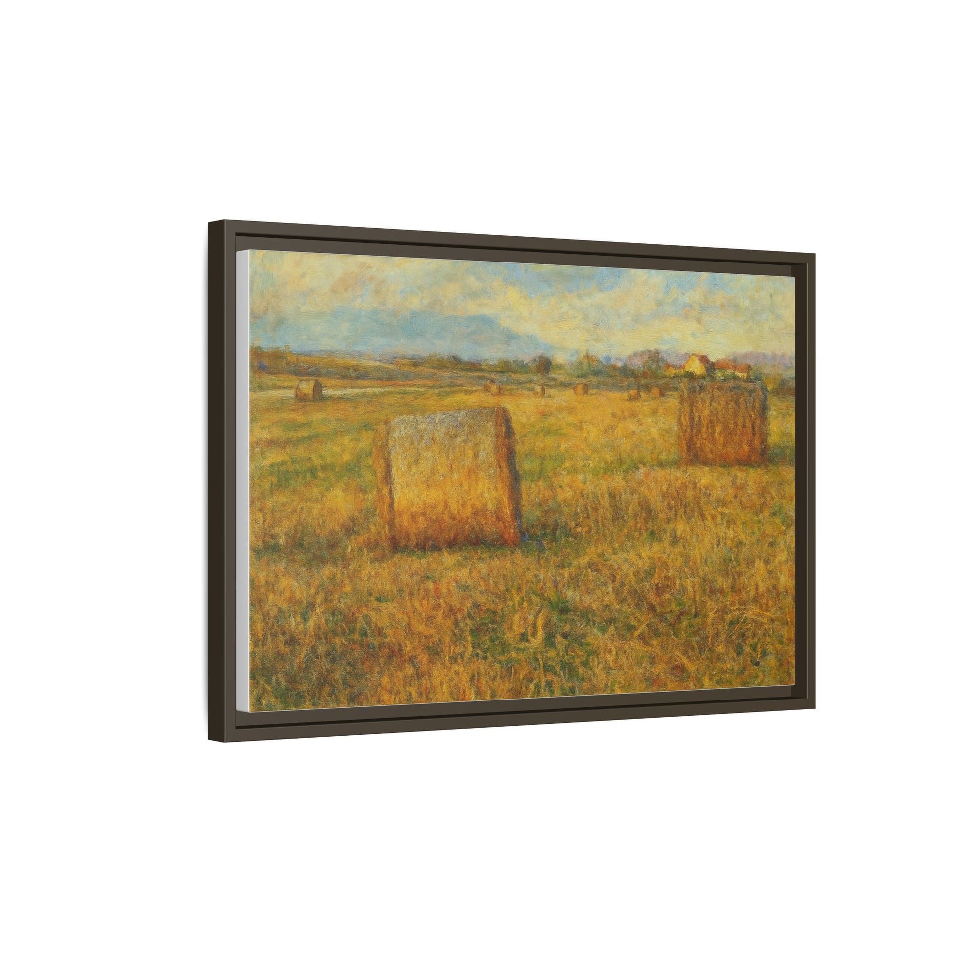 Rustic hayfield landscape framed matte canvas wall art by Printify, showcasing a serene rural field scene.