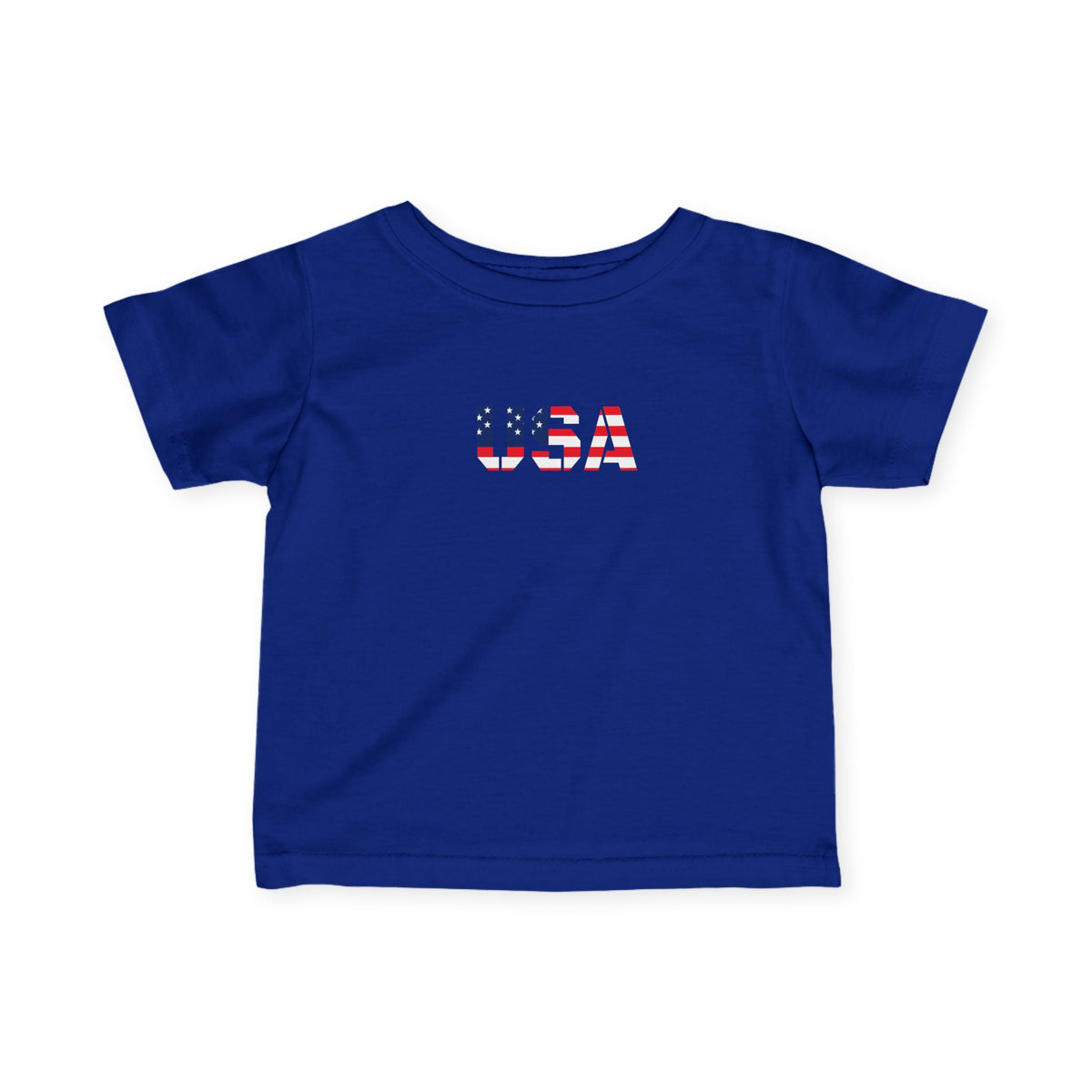 Infant baby tee featuring a USA flag block print, made by Printify, with short sleeves and patriotic design for kids.