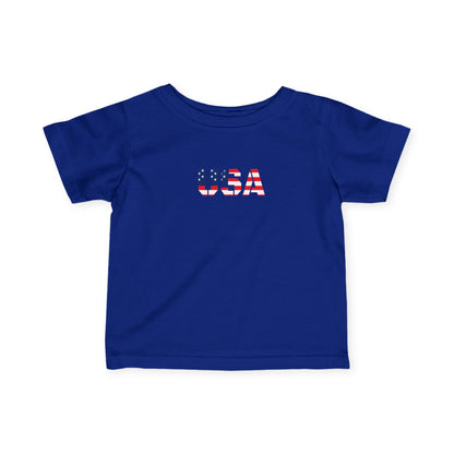 Infant baby tee featuring a USA flag block print, made by Printify, with short sleeves and patriotic design for kids.