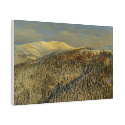 Winter mountain landscape matte canvas print by Printify, stretched 1.25 inches, featuring snowy peaks and serene winter scenery.