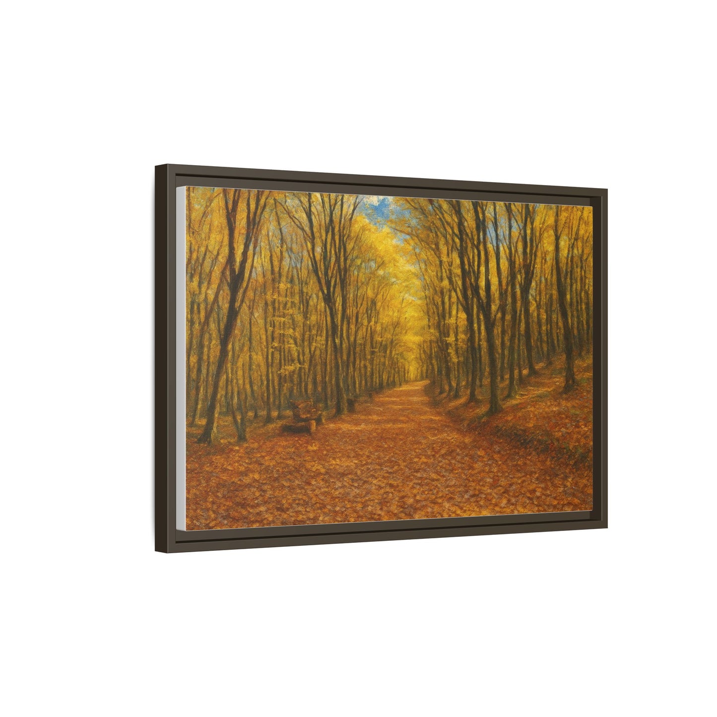 Autumn forest path matte canvas wall art framed, showcasing vibrant fall trees and scenic woodland landscape by Printify.