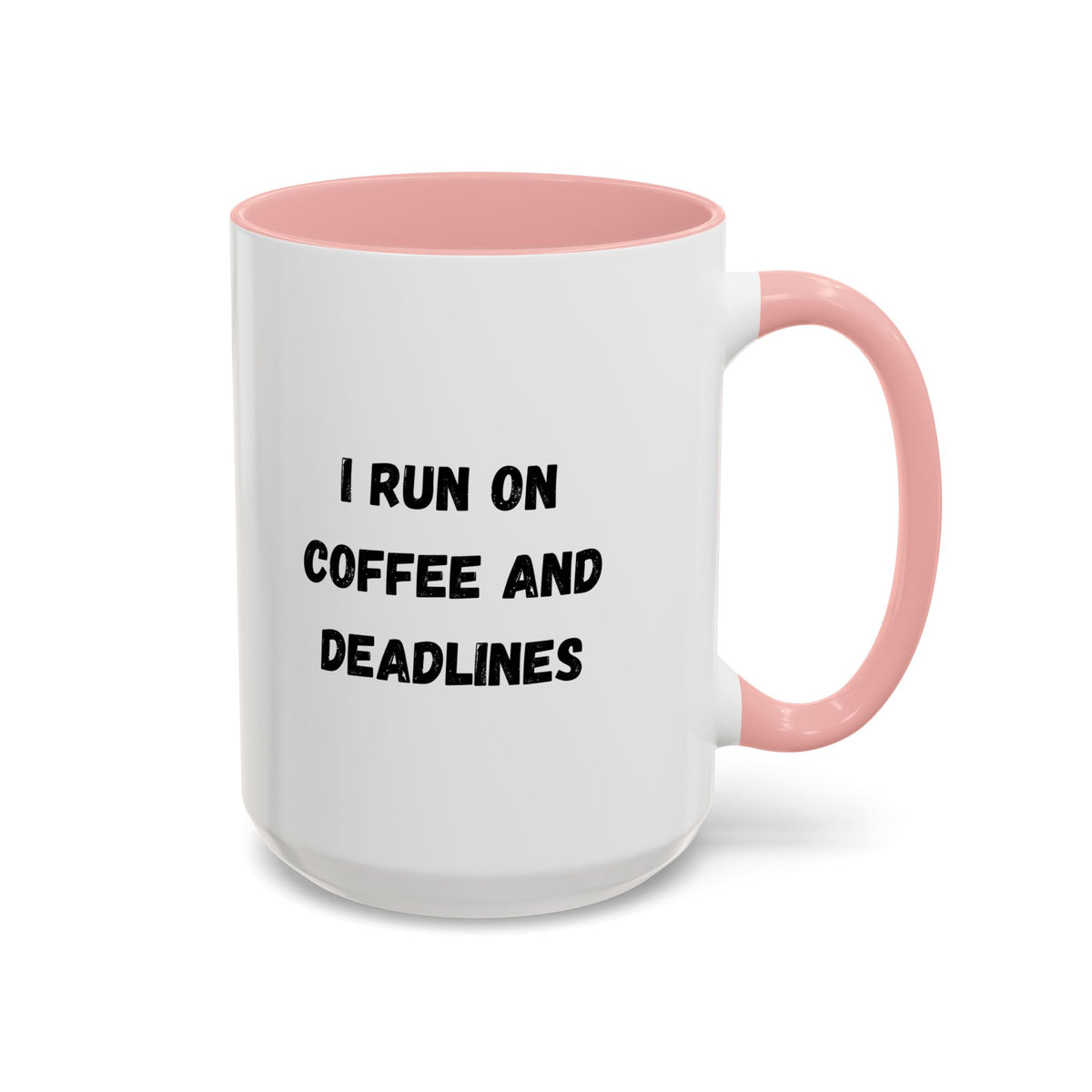 White ceramic coffee mug with "I Run on Coffee and Deadlines" text, featuring a playful design, suitable for office or home use.