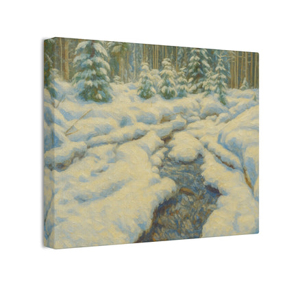 Snowy forest stream winter landscape canvas wall art by Printify showing snow-covered trees and flowing stream in a peaceful forest scene.