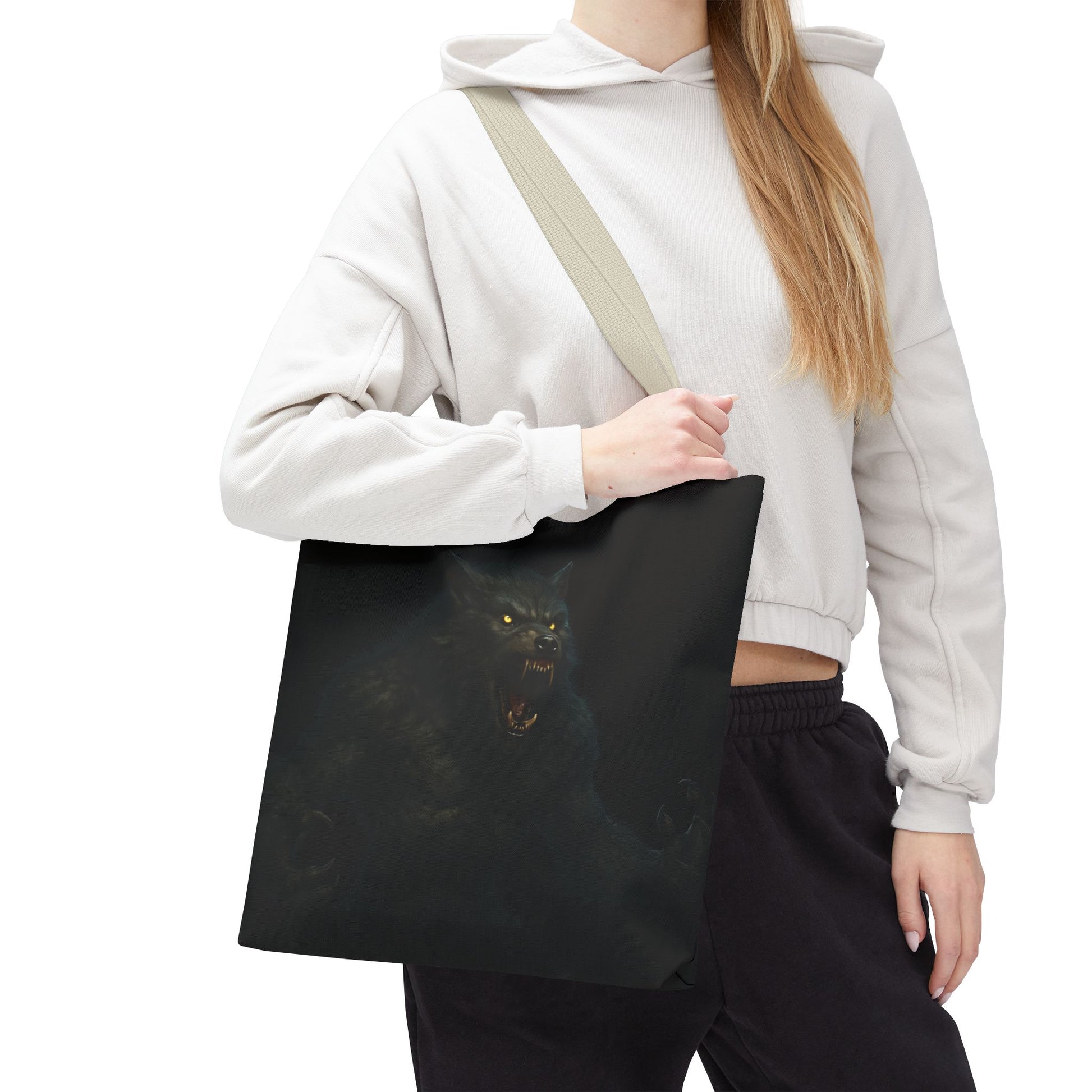 Werewolf tote bag featuring dark Halloween art, ideal gift for horror fans, made by Printify, with a spooky wolf design.