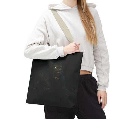 Werewolf tote bag featuring dark Halloween art, ideal gift for horror fans, made by Printify, with a spooky wolf design.