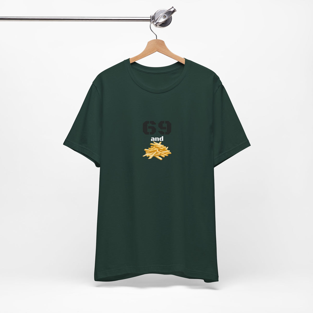 Unisex graphic T-shirt featuring humorous 69 and French fries design, in casual style with vibrant print.